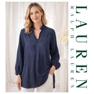 Lauren Ralph Lauren 100% Linen Embroidered Navy Blue Tunic Blouse Top Size 1X